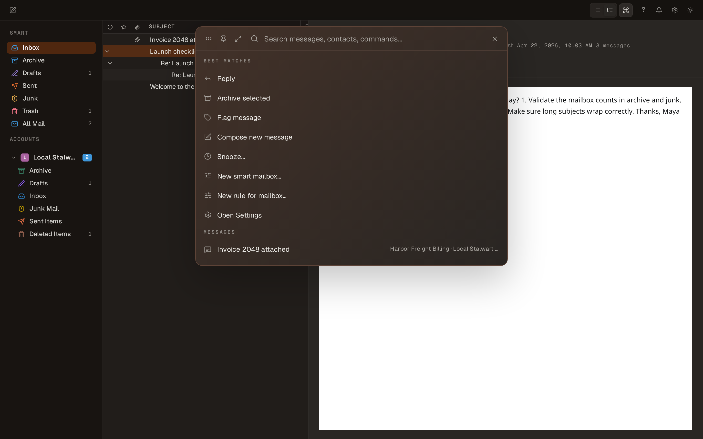 Posthaste command palette open over the inbox
