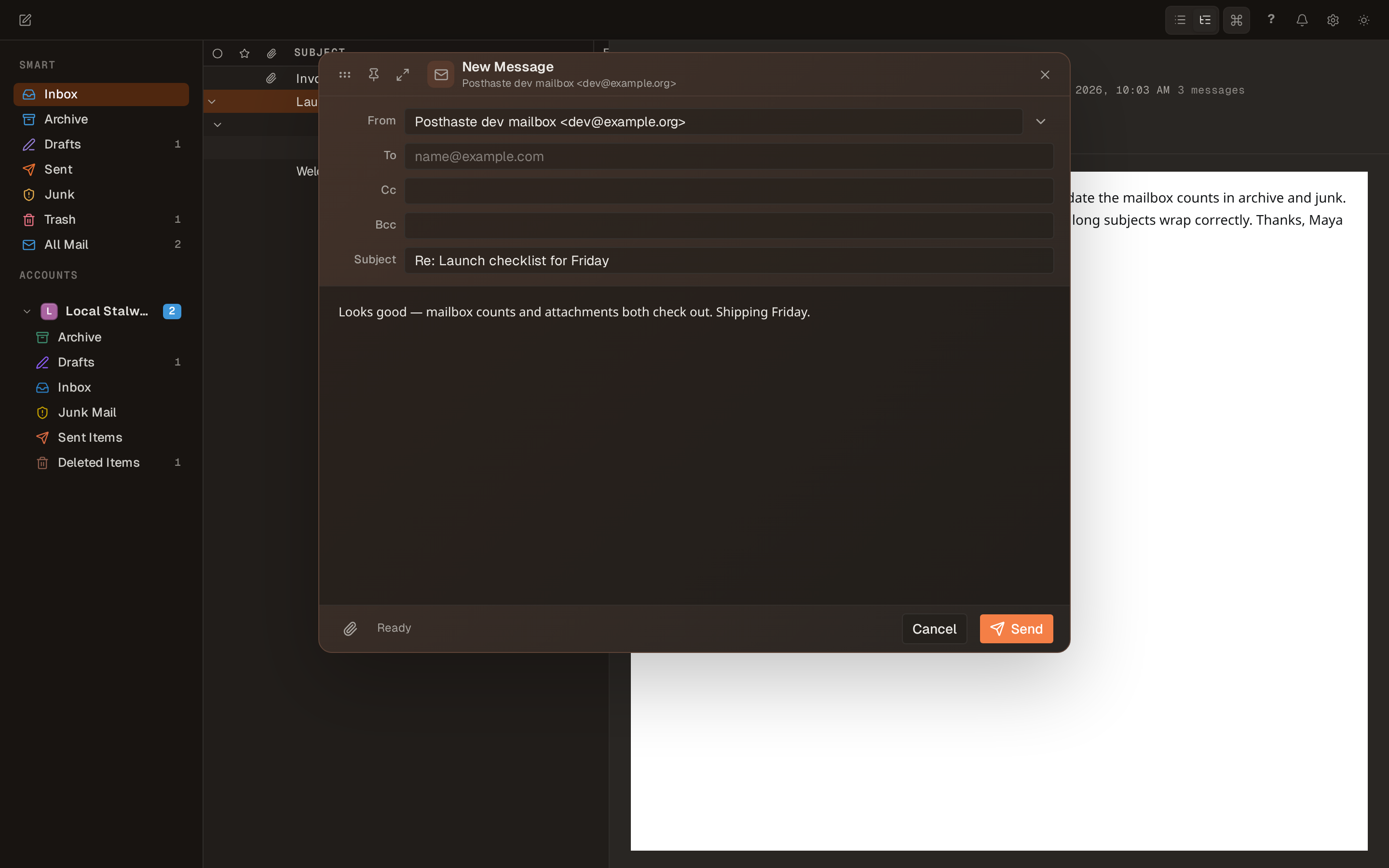 Posthaste compose window with a draft reply