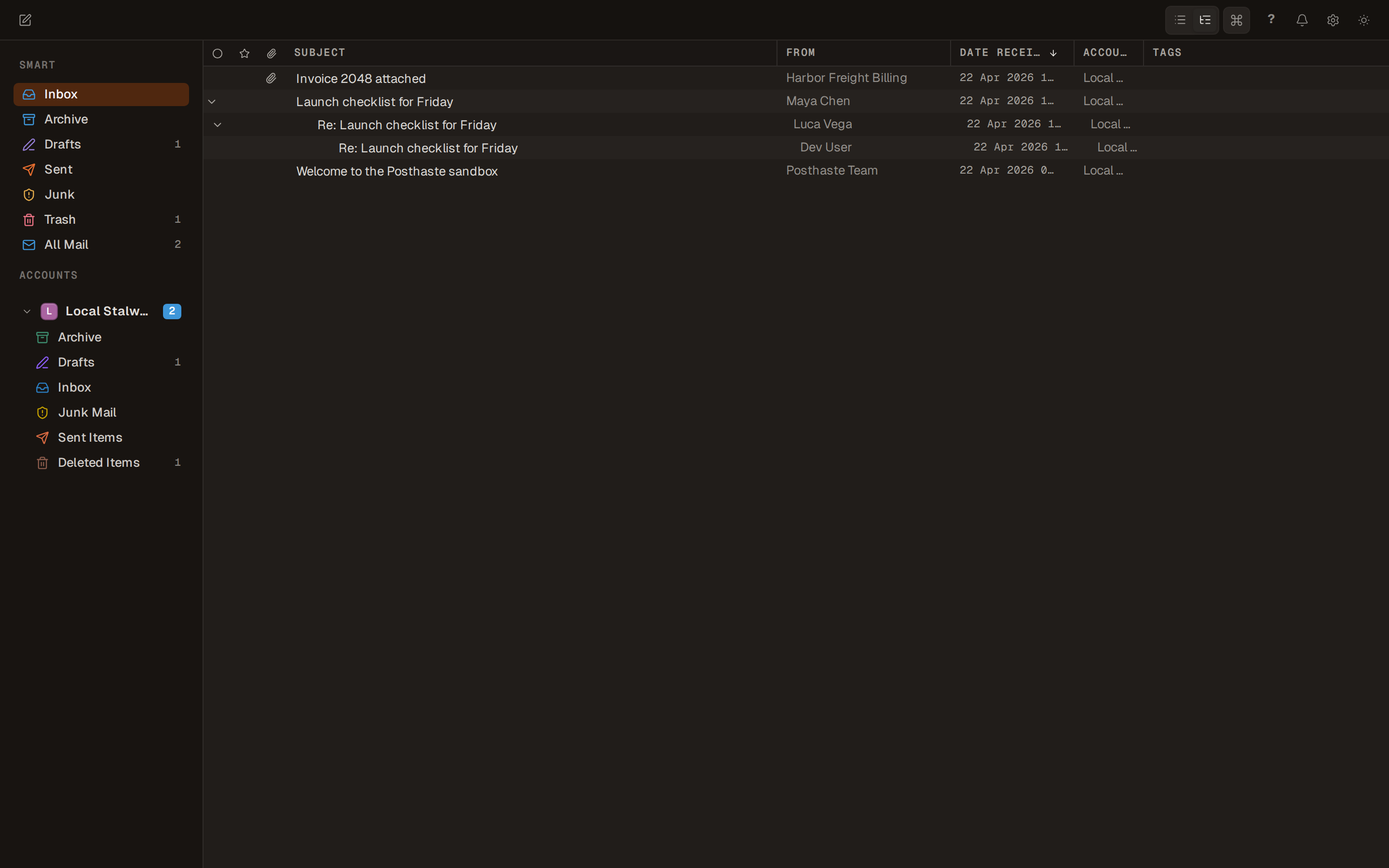 Posthaste inbox showing a threaded conversation with nested replies