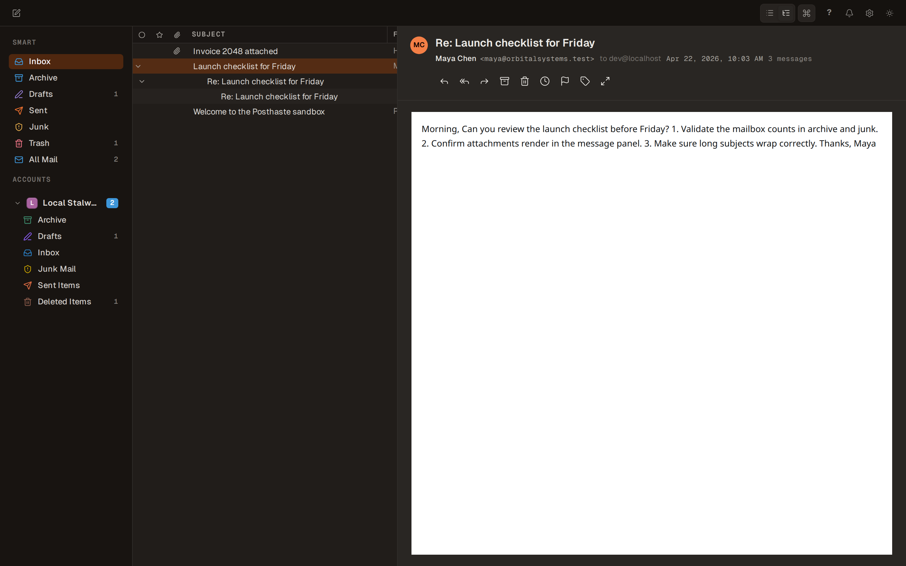 Posthaste reading pane with an open email thread
